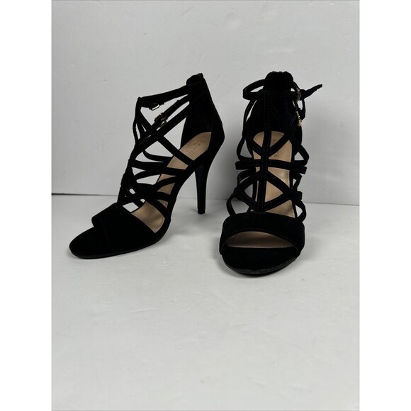 Lauren Conrad Black‎ Stappy open-toed shoes size 6.5 Stiletto Heels Back Zip - Picture 1 of 11